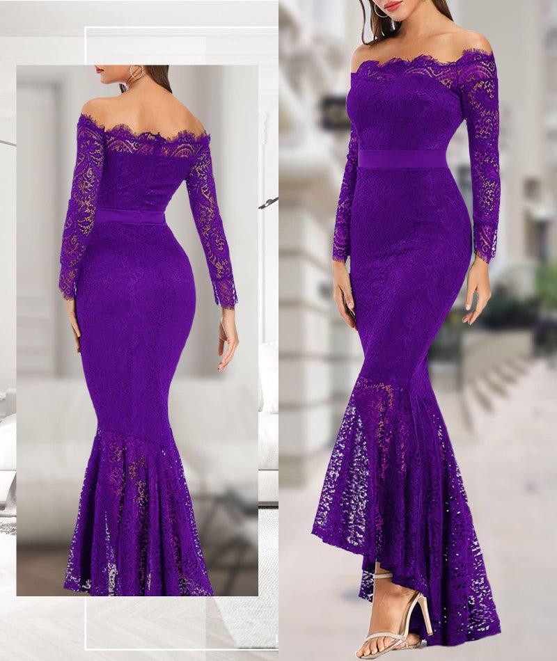 LALAGEN Women's Floral Lace Long Sleeve Off Shoulder Wedding Mermaid Dress Purple XXL - Image 4